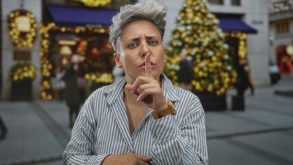 Woman with short gray hair and striped shirt pointing finger on street in front of christmas tree; skepticism.