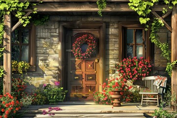 Naklejka premium Wooden house porch with flowers