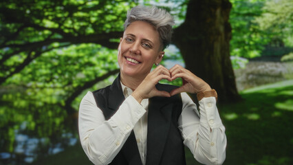 Woman with short hair in white blouse and black vest makes heart shape with hands and smiles in...