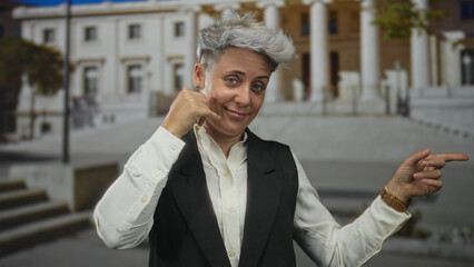 Woman pointing finger and making callme gesture on street in front of classical building with...