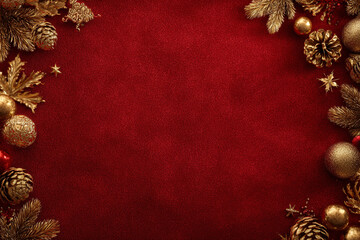 Festive red velvet background framed by golden pinecones, ornaments, stars, and fir branches, perfect for holiday cards or seasonal promotions