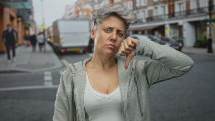 Woman with short hair shows thumbs down gesture on city street beside vehicles; disapproval...