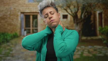 Woman in green cardigan holding her neck in front of stone building entrance on a cobblestone courtyard outdoors; discomfort.