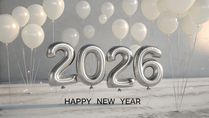 Celebrate New Year 2026 with silver balloon numbers and festive white balloons