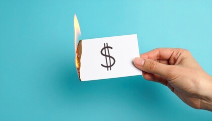 Hand holding a white paper with -$- written on it burning