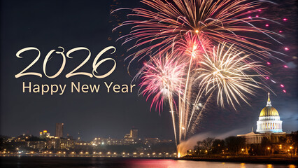Spectacular fireworks display with 2026 New Year wishes over city skyline at night