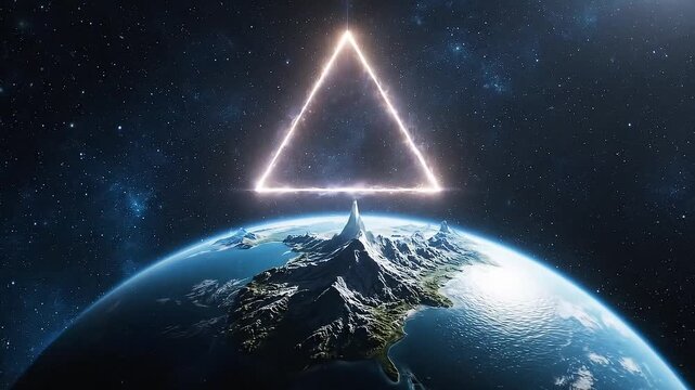 Glowing Triangle Above a Planet Surrounded by Colorful Cosmic Clouds and Stars