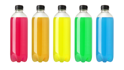 Five colorful plastic bottles containing refreshing drinks standing in a row