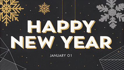 Happy New Year greeting card with elegant gold accents and festive winter snowflakes on a dark background