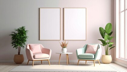Stylish modern room, two chairs, vibrant plant, and a blank poster for creative expression.