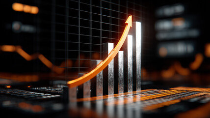 A luminous upward arrow sweeps over stacked metallic bars on a digital grid, illustrating accelerating revenue and market momentum.
