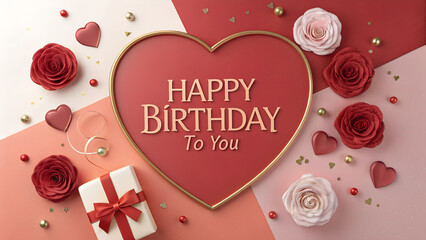 Elegant Happy Birthday card design with roses, hearts, and gift for heartfelt celebrations