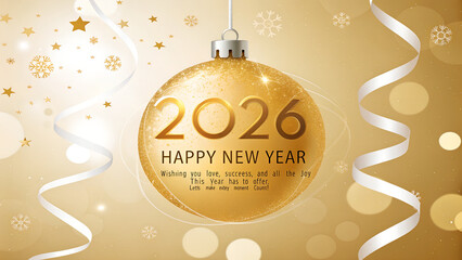 Elegant golden New Year 2026 design with sparkling stars and festive ribbons for celebration