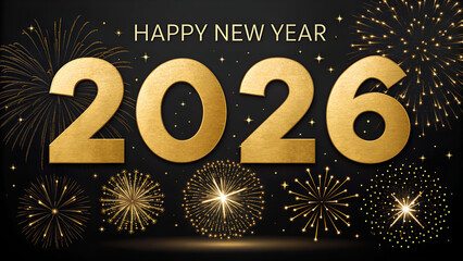 Celebrate New Year 2026 with stunning gold fireworks and festive stars on a dark background