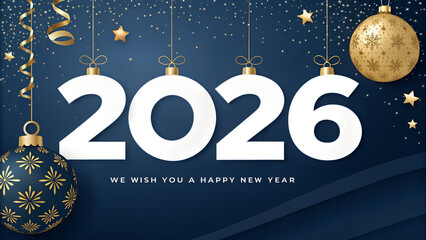 Elegant New Year 2026 greeting with festive ornaments and celebratory mood on dark blue background