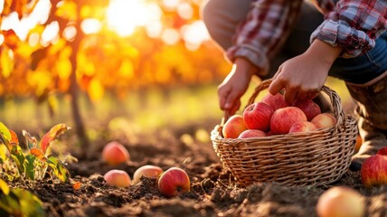 Autumn orchard harvest with a basket full of apples and a person in flannel shirt kneeling on textured soil