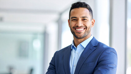 Fototapeta premium Business person smiling confidently in modern office environment professional setting positive vibes empowerment concept