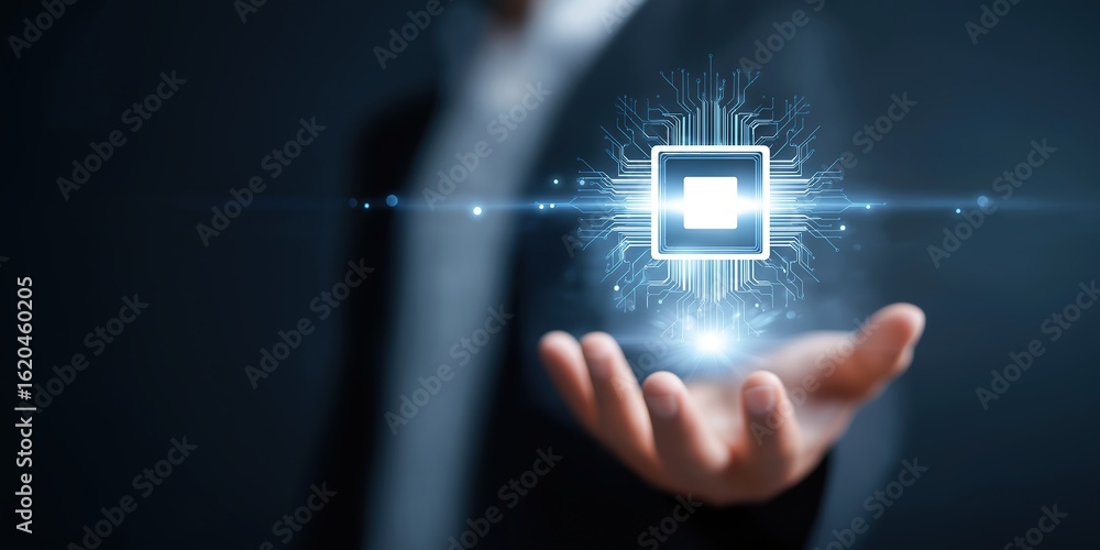 Poster ai technology, faceless tech executive presenting floating ai chip icon with digital halo, futuristi