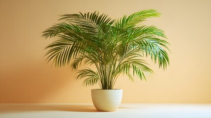Fototapeta premium Indoor palm plant in a cream-colored pot against a peach-colored wall.
