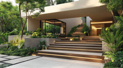 White room with modern wooden workspace, open and airy layout with clean lines
