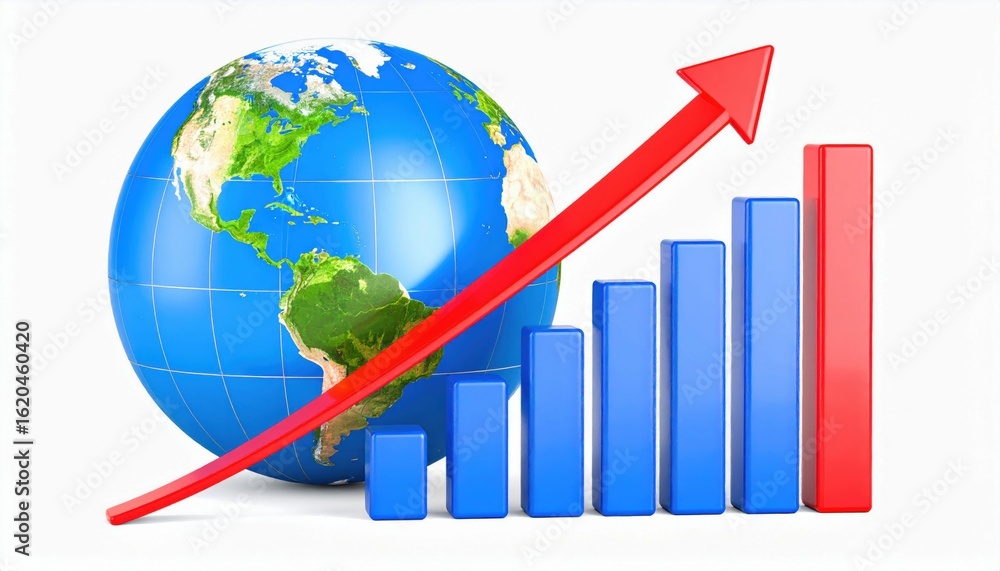 Poster a globe with a rising bar graph and red upward arrow symbolizing global growth and progress.