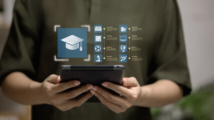 Interactive Online Education with Tablet and Virtual Learning Icons