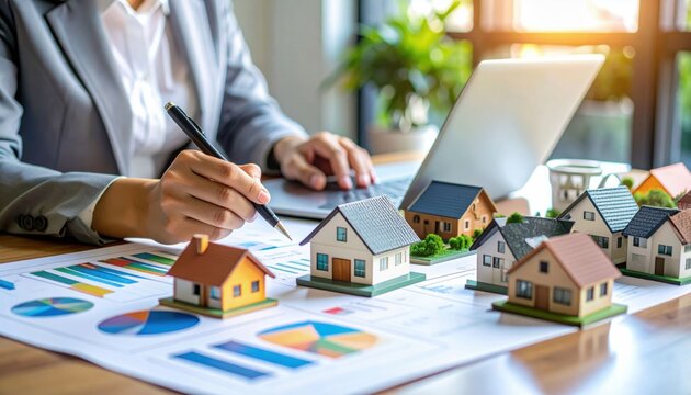 A businessperson analyzes real estate data with miniature houses, charts, and a laptop on a desk in a bright office.