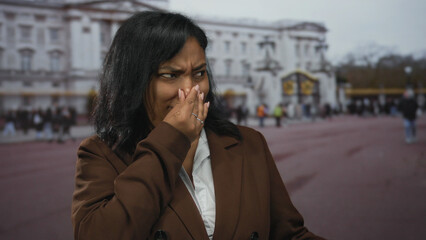 Woman in brown blazer and white shirt covers mouth and pinches nose outside historic landmark...