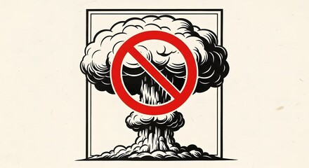 Graphic Anti-Nuclear Symbol: Red Prohibition Sign Over Black and White Mushroom Cloud