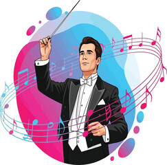 Elegant vector of a male conductor in tuxedo with a baton, surrounded by swirling colorful musical notes. Ideal for music education, concert posters, and creative illustrations.