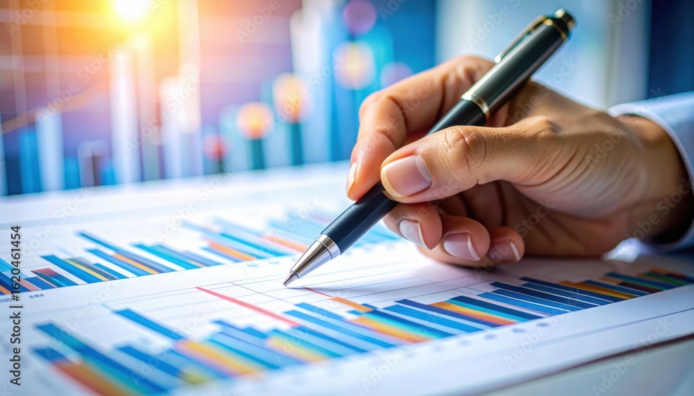 Poster a hand holds a pen, analyzing colorful bar graphs and financial data on printed charts in a bright o
