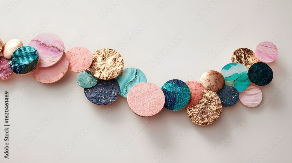 Poster circular design elements in a variety of colors and textures.