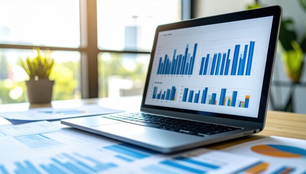 A laptop displays colorful bar charts and graphs, with printed analytics reports on a desk in a bright office setting. - Powered by Adobe