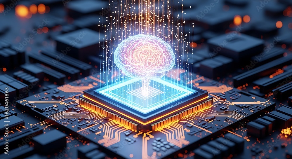Aufkleber photo of artificial intelligence brain on a computer chip representing advanced technology