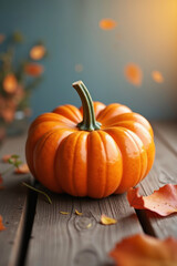 Beautifully rendered orange pumpkin with green stem resting on weathered wooden planks, bathed in warm, soft light