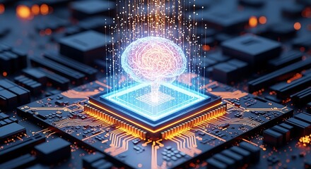 Photo of artificial intelligence brain on a computer chip representing advanced technology