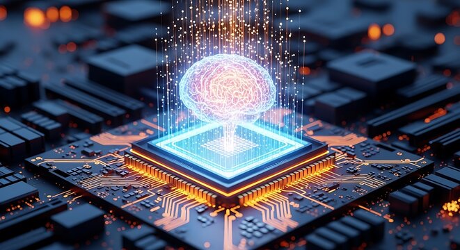 Photo of artificial intelligence brain on a computer chip representing advanced technology