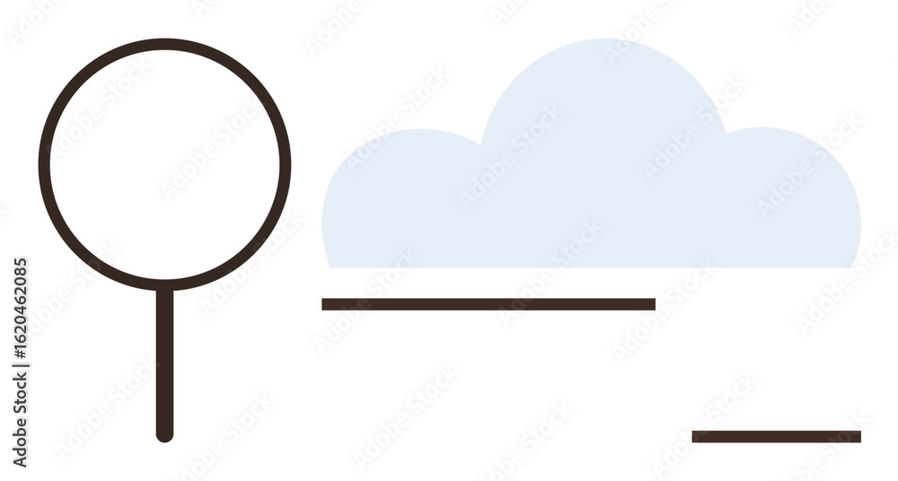 Poster magnifying glass and cloud with simple lines evoke data search, technology, cloud storage, explorati