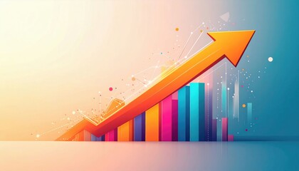 A colorful bar chart with an upward arrow symbolizes growth, progress, and success against a bright gradient background.