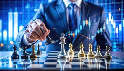 A businessman in a suit plays chess against a backdrop of financial charts, symbolizing strategic decision-making in business and finance.