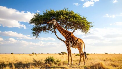 Giraffe in savanna eating from acacia
