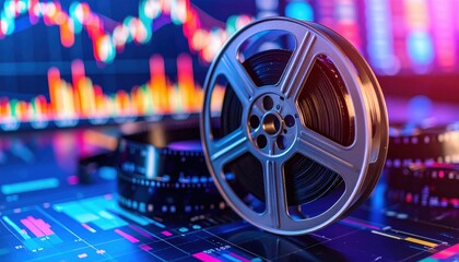 A film reel sits on a digital financial chart background with colorful stock market graphs and data visible.