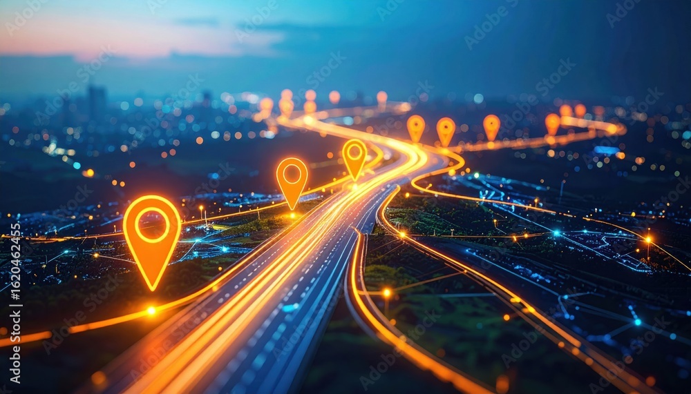 Poster a futuristic highway at night with glowing location markers, symbolizing navigation and smart transp