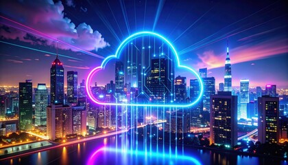 A futuristic city skyline at night with a glowing neon cloud symbolizing digital technology and cloud computing.