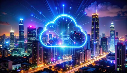 A glowing digital cloud icon is superimposed over a vibrant city skyline at night, symbolizing cloud computing and smart city technology.