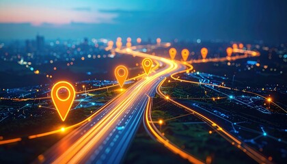 A futuristic highway at night with glowing location markers, symbolizing navigation and smart transportation in a connected cityscape.