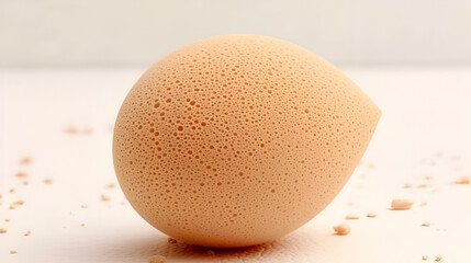 Close up shot of a tan colored makeup sponge with crumbs on a white surface in a bright studio light .
