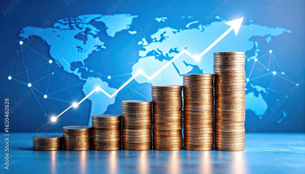 Poster stacks of coins increase in height with a rising arrow and world map background, symbolizing global 