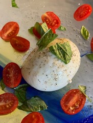Closeup image of a caprese salad on a glass plate