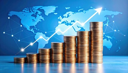 Stacks of coins increase in height with a rising arrow and world map background, symbolizing global financial growth.